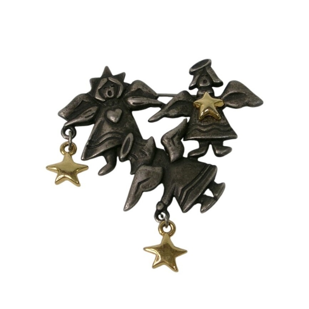 Vintage BJI Christmas Angel Charm Two-Tone Brooch Pin Duo Dangle Stars